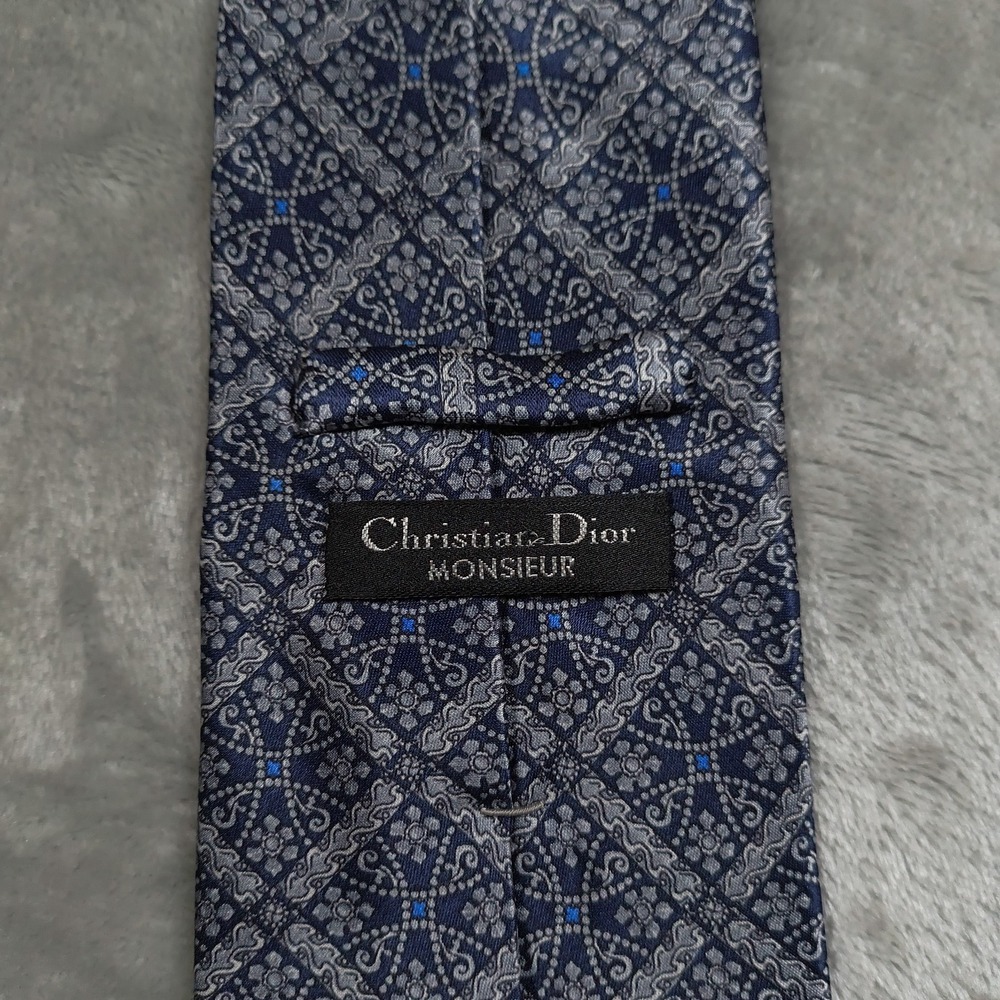 Vintage Christian Dior Monsieur Tie Mens 56.5x3.5 Blue Silver Geometric Abstract - Picture 3 of 9